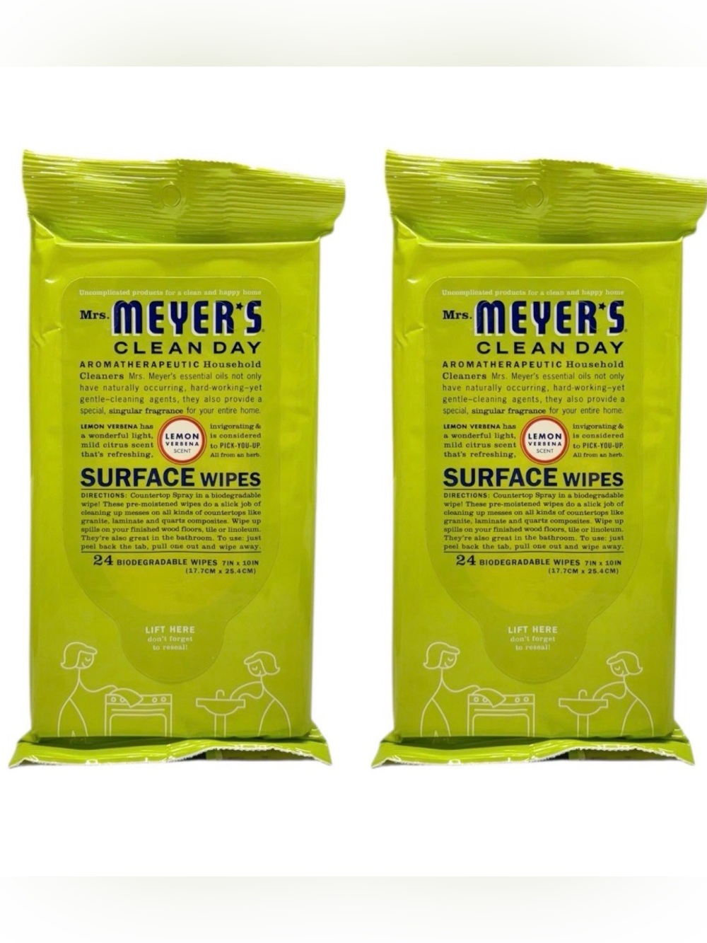 2 Mrs. Meyer's Clean Day Biodegradable Wipes Lemon Verbena Counters All Purpose